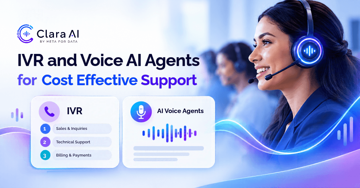 Banner von Clara AI by Meta For Data zu IVR und KI-Sprachagenten für kosteneffizienten Kundensupport, mit einer lächelnden Mitarbeiterin mit Headset
