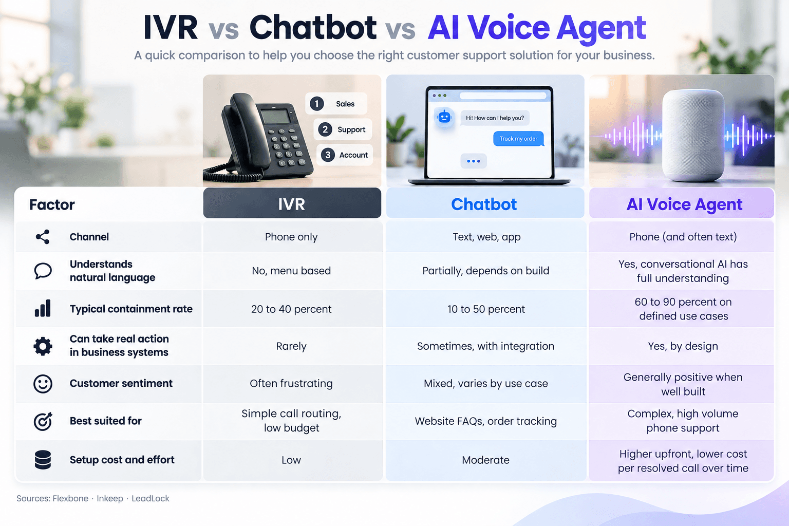 Comparison table of IVR vs chatbot vs AI voice agent across channel, language understanding, containment rate, cost and best use case