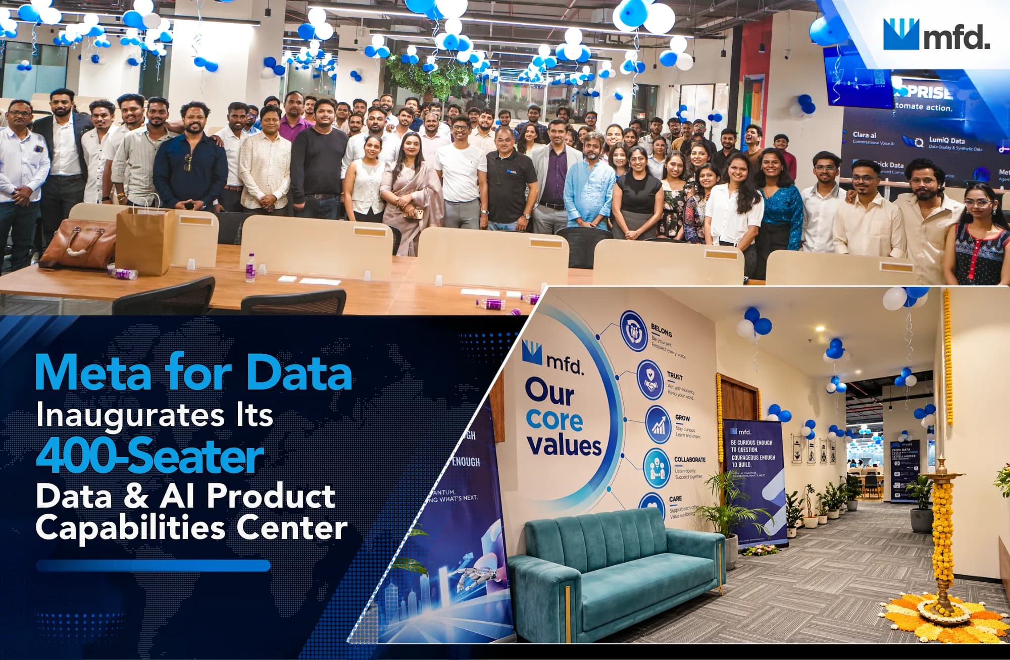 The Meta For Data team at the inauguration of its new Pune facility, beside the MFD core values wall and the reception area of the 400-seater Data & AI Product Capabilities Center.