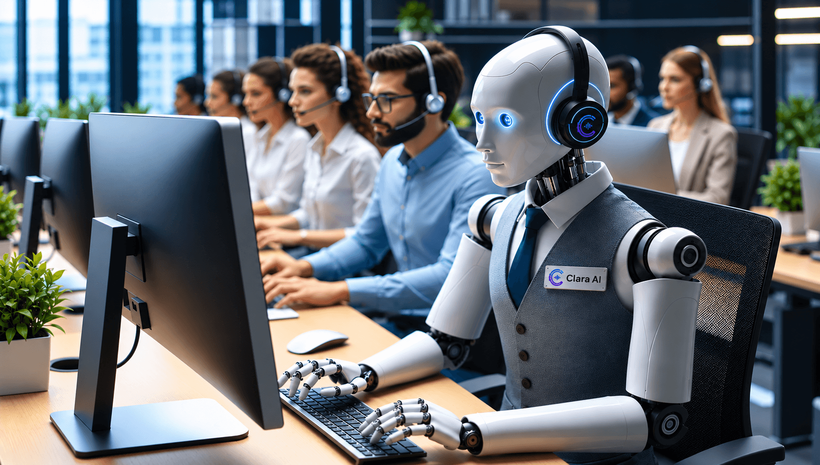 روبوت Clara AI بهيئة بشرية يعمل على مكتب في مركز اتصال إلى جانب موظفين بشريين يرتدون سماعات الرأس.